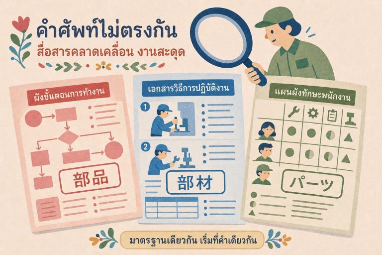 ภาพประกอบการแปลเอกสารโรงงานเป็นภาษาญี่ปุ่น แสดงเอกสารสามฉบับที่ใช้คำศัพท์ไม่ตรงกัน