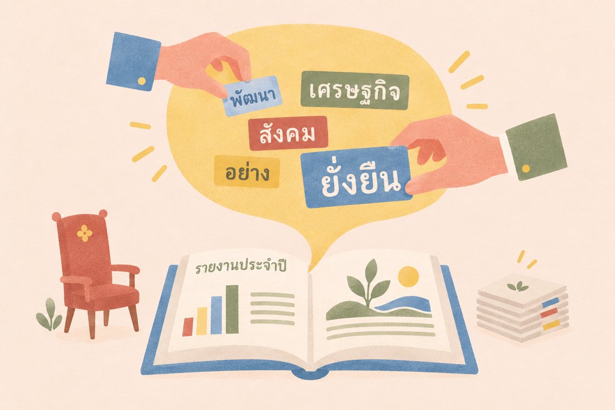ภาพประกอบการแปลรายงานประจำปี มือสองข้างเลือกคำบนบับเบิลคำพูดที่ลอยขึ้นจากสารจากประธานกรรมการ
