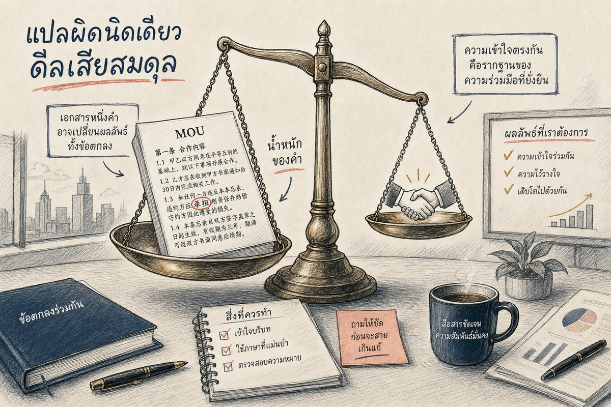 ตราชั่งเอียงเพราะน้ำหนักของคำ MOU ภาษาจีน สื่อความสำคัญของการแปลเอกสารกฎหมาย