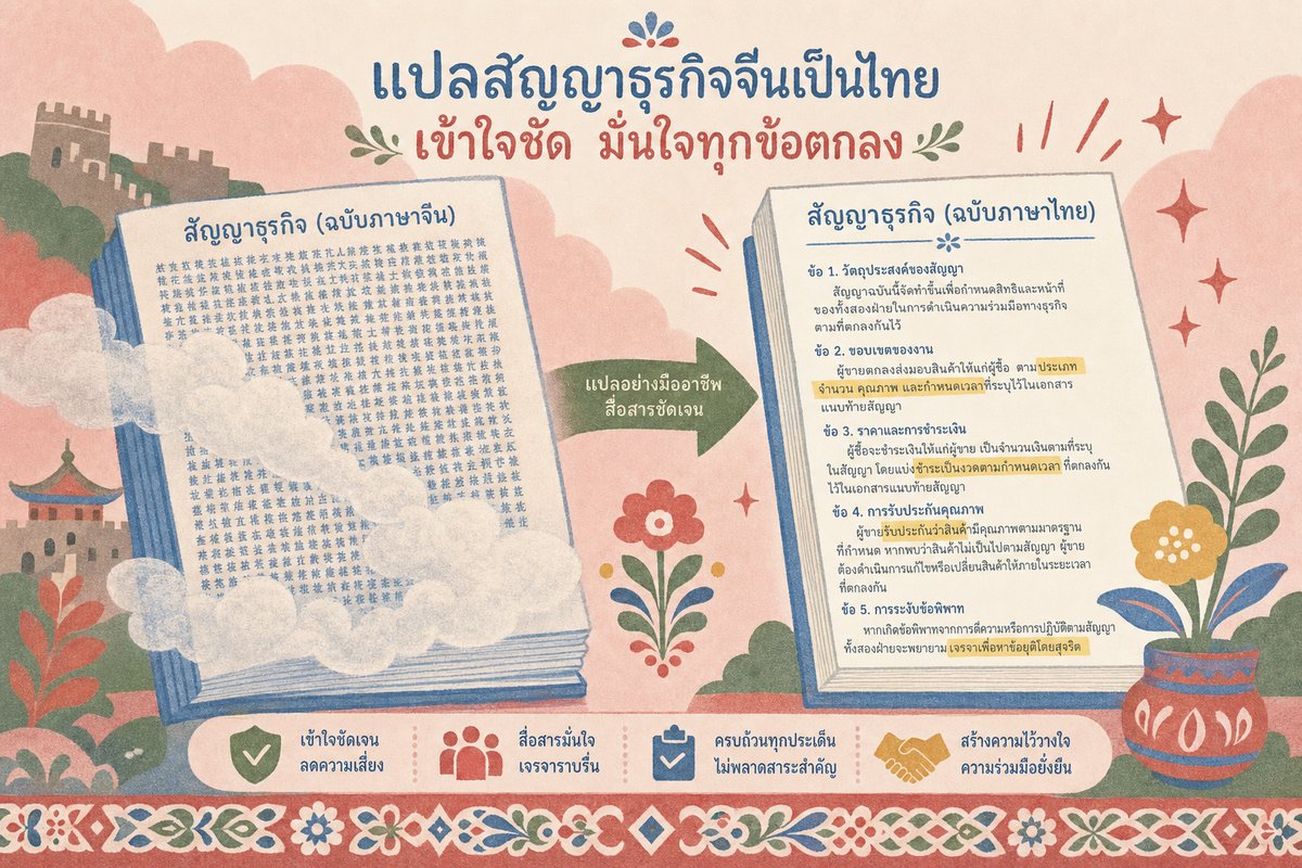 ภาพประกอบการแปลเอกสารกฎหมาย เปรียบเทียบสัญญาธุรกิจภาษาจีนที่อ่านยากกับฉบับแปลไทยที่โปร่งใสชัดเจนทุกข้อตกลง