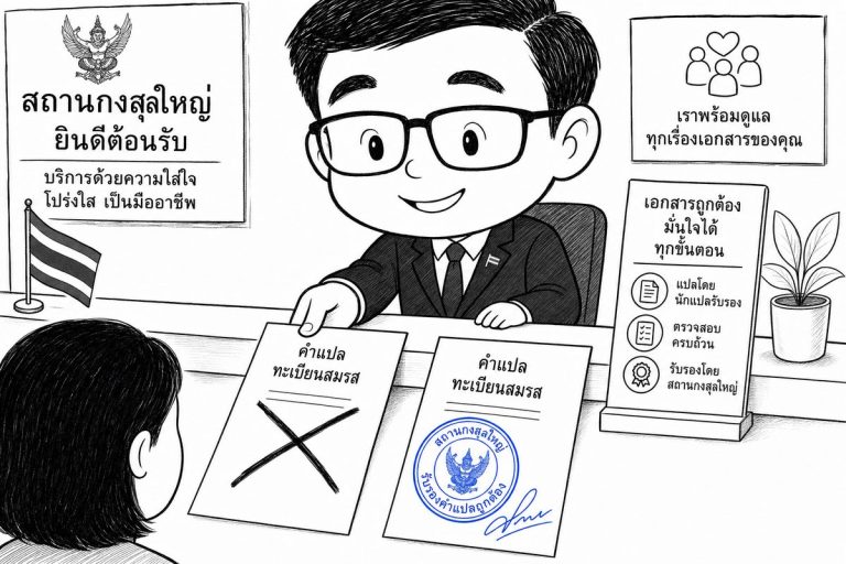 เจ้าหน้าที่สถานกงสุลตีกลับคำแปลทะเบียนสมรสที่แปลเอง เทียบกับคำแปลที่รับแปลเอกสารราชการพร้อมตราประทับรับรอง