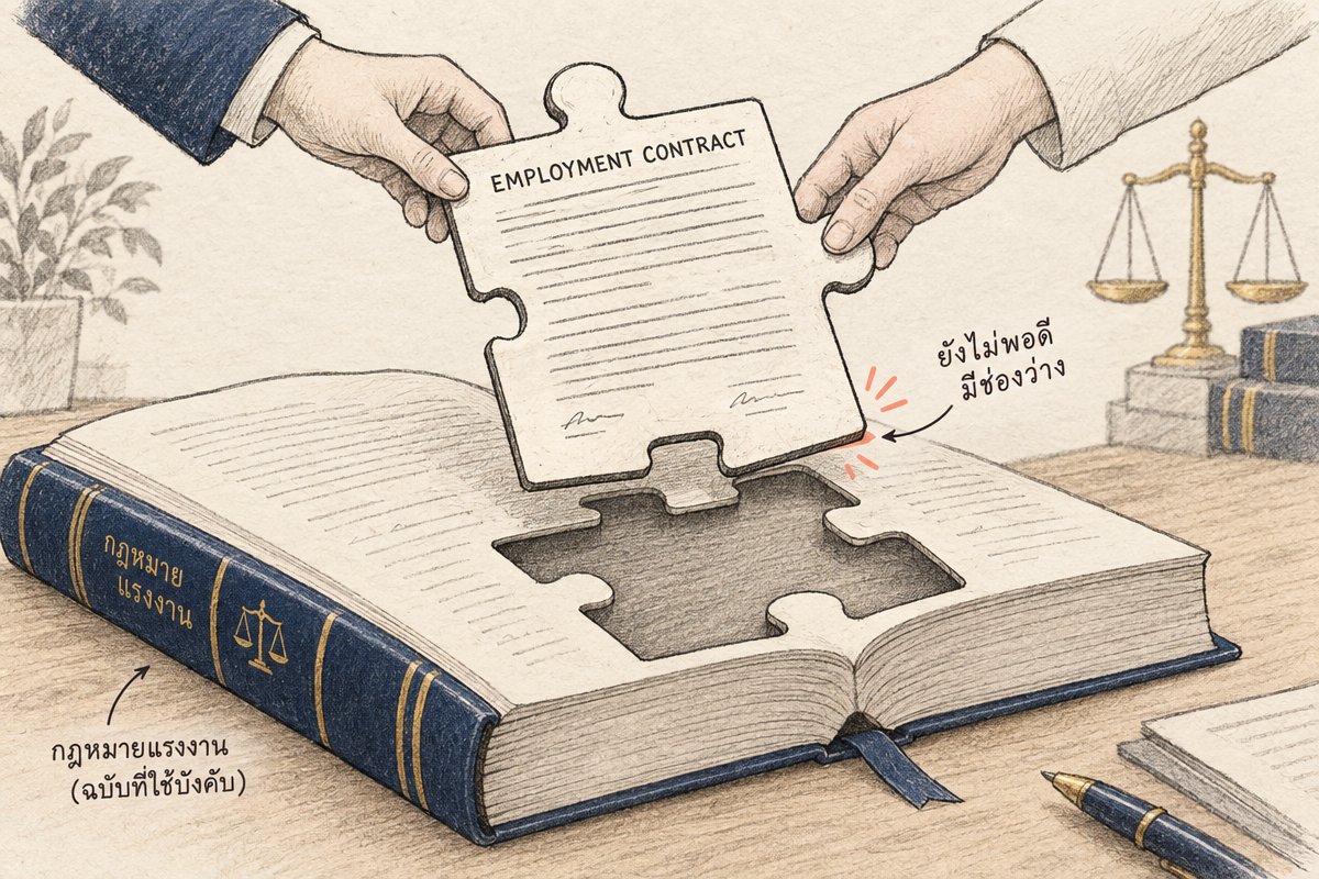 ภาพวาดสัญญาจ้างภาษาอังกฤษรูปจิ๊กซอว์ที่ใส่ไม่ลงช่องในหนังสือกฎหมายแรงงานไทย สื่อถึงการแปลเอกสารกฎหมายที่ต้องสอดคล้องกับกฎหมายไทย