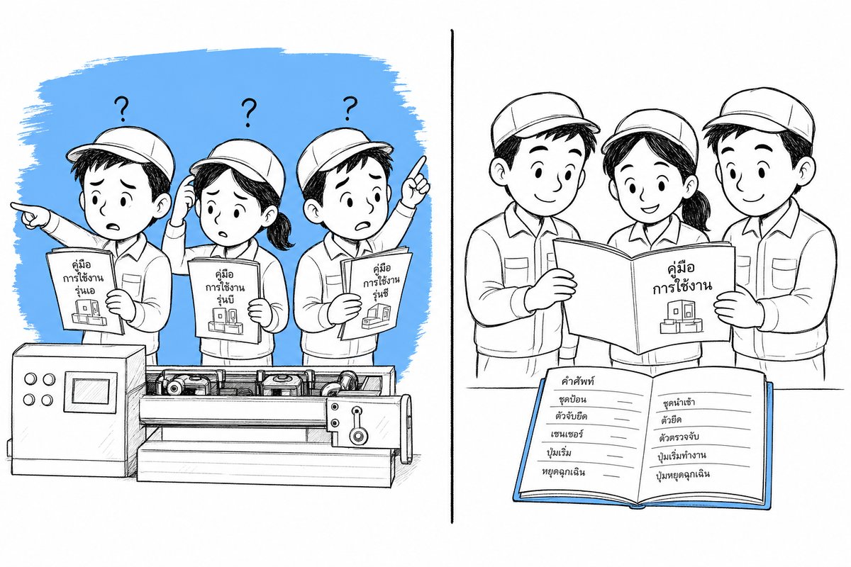 ภาพประกอบการแปลเอกสารโรงงาน เปรียบเทียบพนักงานที่ถือคู่มือ SOP คนละเวอร์ชันกับทีมที่ใช้คู่มือฉบับเดียวและอภิธานศัพท์เดียวกัน