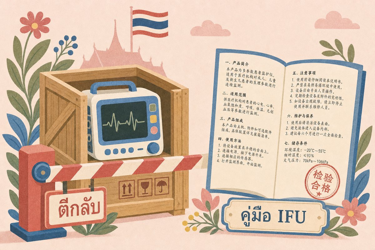 ภาพประกอบเครื่องมือแพทย์ในลังไม้ติดอยู่ที่ด่านศุลกากร พร้อมคู่มือ IFU ภาษาจีน สื่อถึงความสำคัญของการแปลเอกสารการแพทย์ให้ตรงเกณฑ์หน่วยงานกำกับ