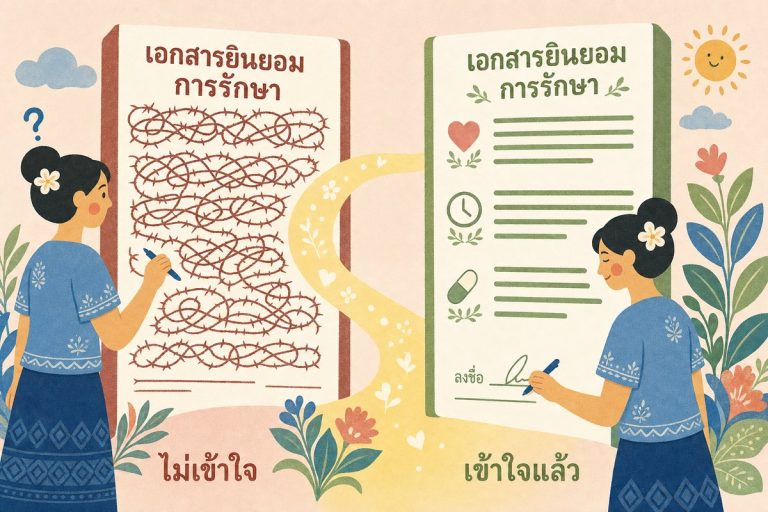 ภาพเปรียบเทียบเอกสารยินยอมที่อ่านไม่เข้าใจกับฉบับที่ผ่านการแปลเอกสารการแพทย์ให้เข้าใจง่าย