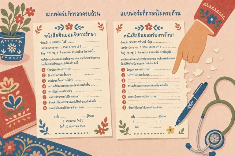 เปรียบเทียบหนังสือยินยอมรับการรักษาฉบับครบถ้วนกับฉบับที่ข้อความหายไป สื่อความสำคัญของการแปลเอกสารการแพทย์
