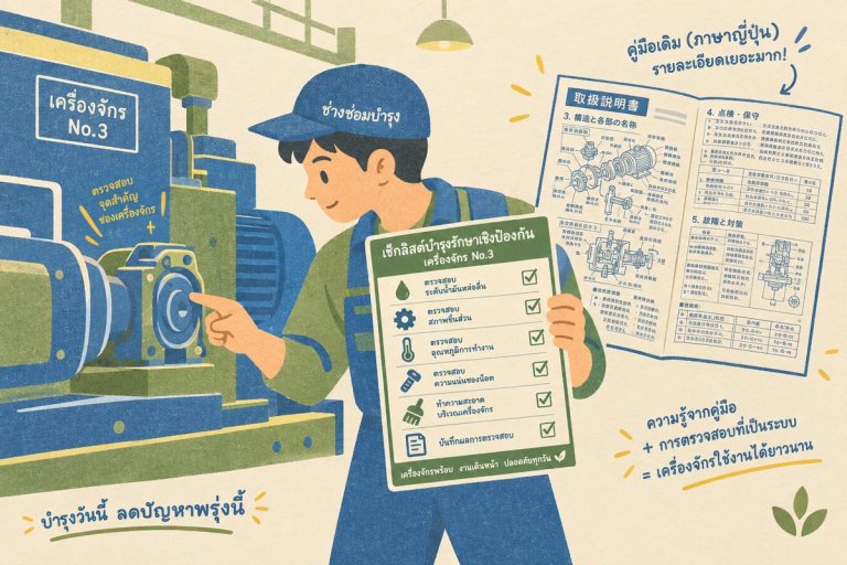 ช่างไทยตรวจสอบเครื่องจักรด้วยเช็คลิสต์บำรุงรักษาเชิงป้องกันที่แปลจากคู่มือภาษาญี่ปุ่น แปลเอกสารโรงงาน