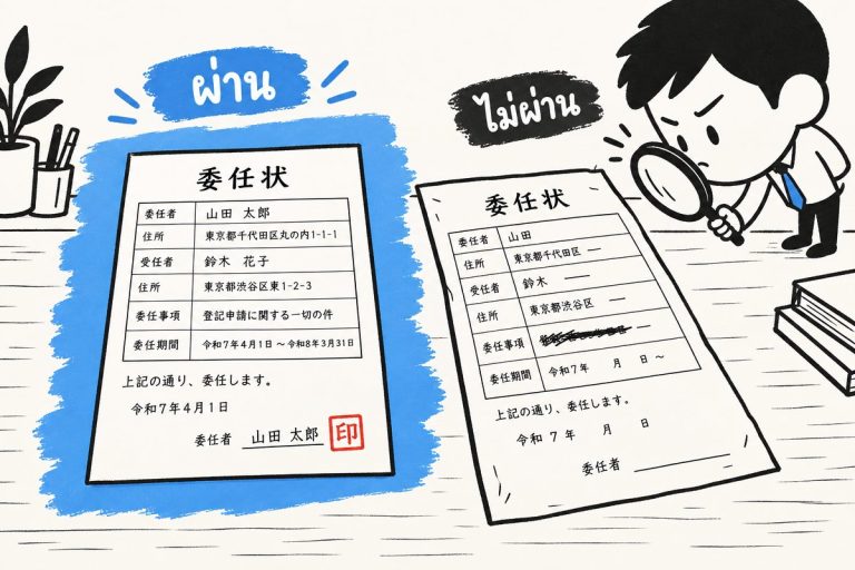 เปรียบเทียบหนังสือมอบอำนาจภาษาญี่ปุ่นที่แปลถูกต้องกับฉบับที่ถูกปฏิเสธ สื่อถึงความสำคัญของการรับแปลเอกสารราชการให้ตรงตามแบบฟอร์มกฎหมายญี่ปุ่น