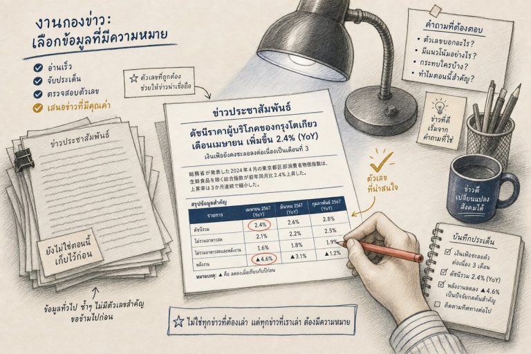 ภาพประกอบการรับแปลงานสื่อสารการตลาด: นักข่าวญี่ปุ่นวงตัวเลขสถิติในข่าวประชาสัมพันธ์ที่แปลเป็นภาษาญี่ปุ่น