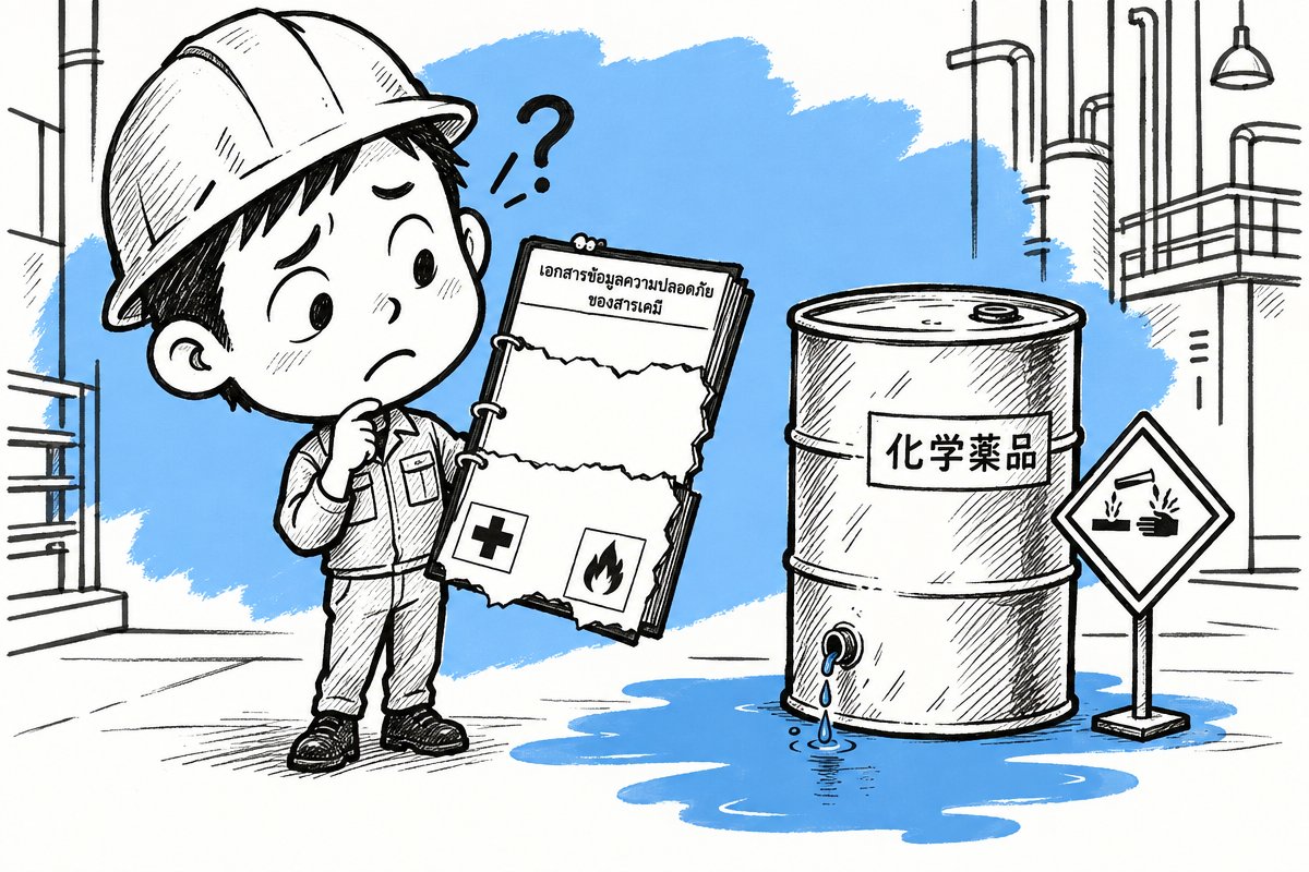 พนักงานโรงงานถือแฟ้ม SDS ที่ถูกฉีกขาดข้างถังสารเคมีรั่ว สื่อถึงอันตรายจากการแปลเอกสารโรงงานไม่ครบ