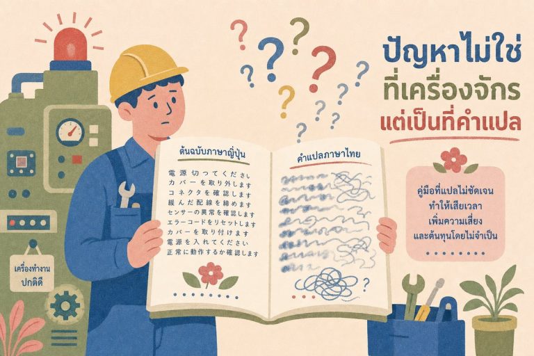 ช่างเทคนิคเปิดคู่มือ Troubleshooting ที่แปลจากภาษาญี่ปุ่นแล้วอ่านไม่รู้เรื่อง สื่อถึงความสำคัญของการรับแปลคู่มือให้ตรงบริบท
