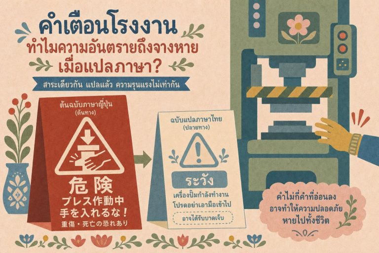 ป้ายเตือนอันตรายต้นฉบับภาษาญี่ปุ่นเทียบกับฉบับแปลไทยที่ความรุนแรงอ่อนลง สื่อความสำคัญของการแปลเอกสารโรงงานด้านความปลอดภัย