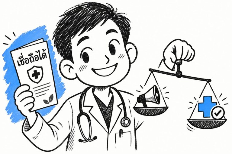 หมอถือโบรชัวร์และตาชั่ง สื่อการแปลเอกสารการแพทย์ให้น่าเชื่อถือไม่โอเวอร์เคลม