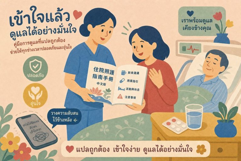 พยาบาลส่งคู่มือดูแลผู้ป่วยภาษาจีนที่แปลถูกต้องให้ญาติชาวจีนเข้าใจง่าย ตัวอย่างการแปลเอกสารการแพทย์เพื่อความปลอดภัยของผู้ป่วย