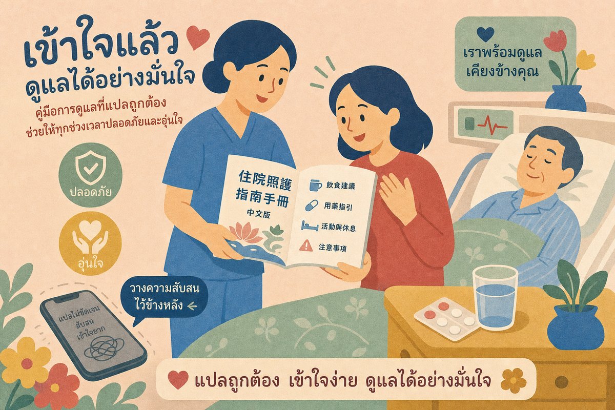 พยาบาลส่งคู่มือดูแลผู้ป่วยภาษาจีนที่แปลถูกต้องให้ญาติชาวจีนเข้าใจง่าย ตัวอย่างการแปลเอกสารการแพทย์เพื่อความปลอดภัยของผู้ป่วย