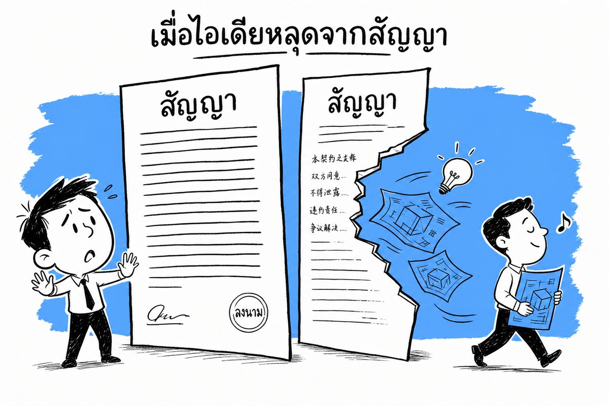ภาพประกอบสัญญา NDA ฉบับภาษาจีนที่มีรอยแตก ไอเดียและแบบสินค้าหลุดออกไป สื่อความเสี่ยงเมื่อแปลเอกสารกฎหมายไม่รัดกุม