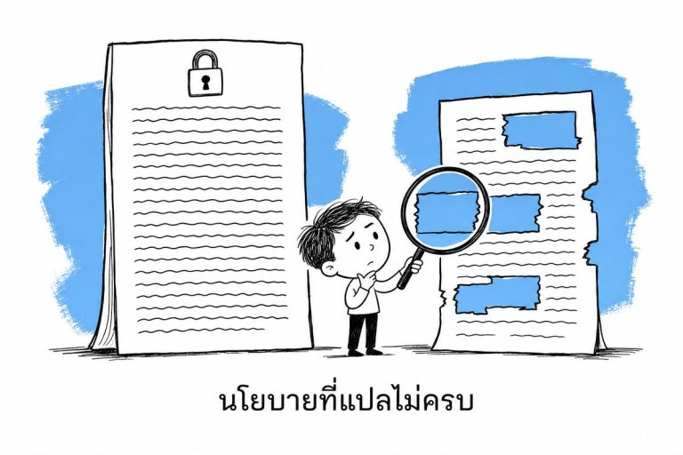 ภาพประกอบการแปลเอกสารกฎหมาย เปรียบเทียบนโยบายความเป็นส่วนตัวฉบับสมบูรณ์กับฉบับแปลที่มีเนื้อหาขาดหาย