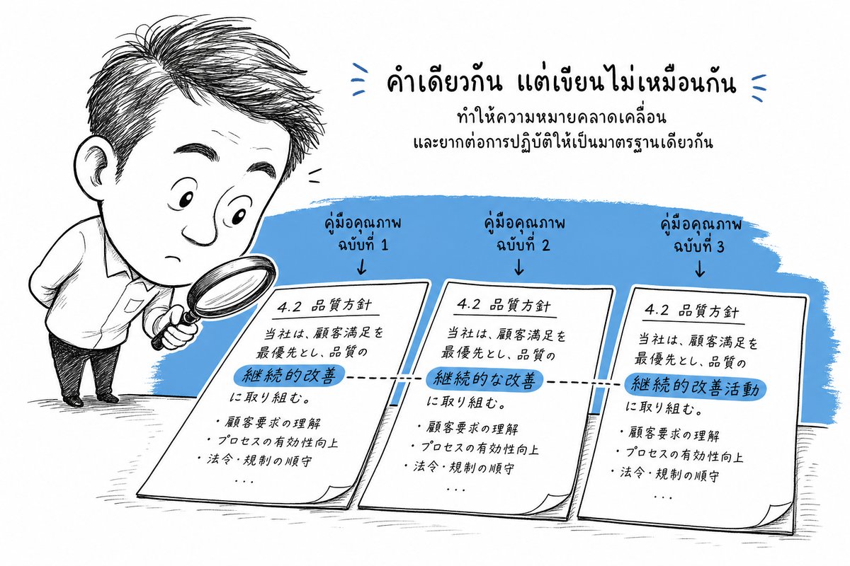 ผู้ตรวจประเมินส่องคู่มือคุณภาพสามฉบับที่ใช้คำศัพท์ญี่ปุ่นไม่ตรงกัน ตัวอย่างความเสี่ยงของงานแปลเอกสารโรงงาน