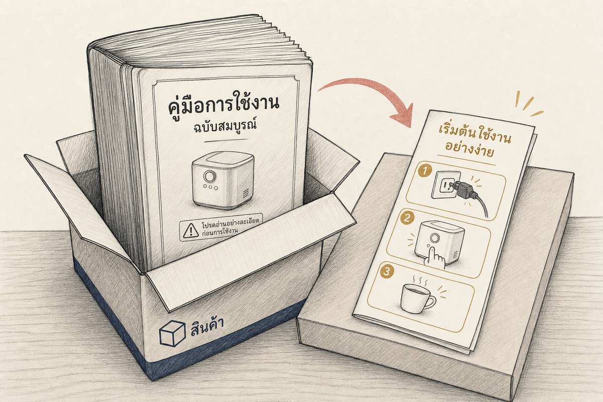 ภาพเปรียบเทียบคู่มือการใช้งานฉบับเต็มเล่มหนากับคู่มือฉบับย่อแบบ Quick Start Guide ในงานรับแปลคู่มือ
