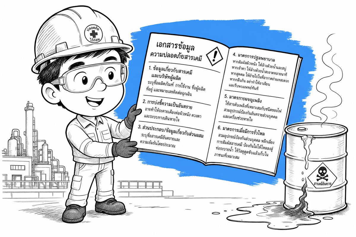 พนักงานโรงงานอ่านเอกสาร SDS ภาษาไทยข้างถังสารเคมีรั่ว สื่อถึงการแปลเอกสารโรงงานเพื่อความปลอดภัย