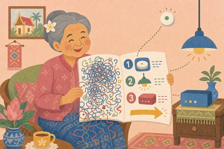 ผู้สูงอายุเปิดคู่มือ Smart Home ที่ผ่านการรับแปลคู่มือให้อ่านง่าย เทียบกับหน้าที่เต็มไปด้วยศัพท์ทับศัพท์