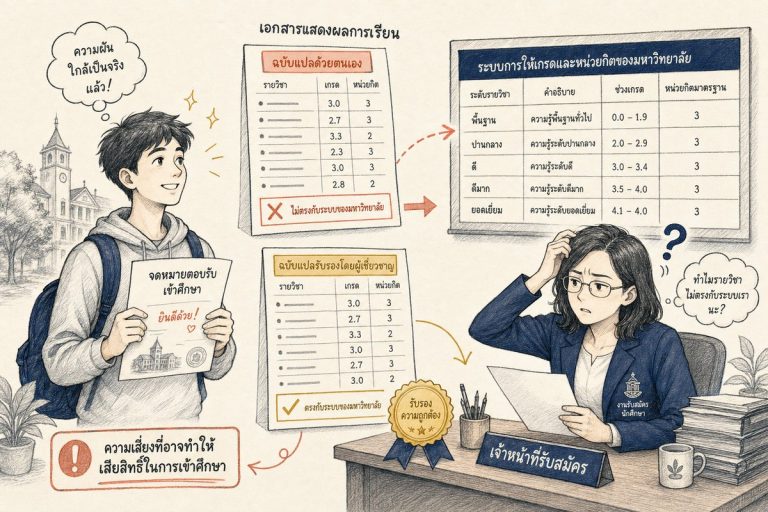 ใบรับรองผลการศึกษาที่แปลเองไม่ตรงกับระบบของมหาวิทยาลัยปลายทาง เทียบกับฉบับที่รับแปลเอกสารราชการพร้อมตรารับรอง