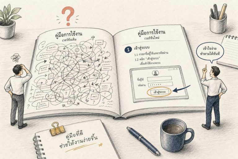 ภาพเปรียบเทียบคู่มือระบบ IT ที่แปลทับศัพท์จนอ่านไม่รู้เรื่อง กับคู่มือที่รับแปลคู่มือโดยเข้าใจผู้ใช้จนพนักงานทำตามได้ทันที