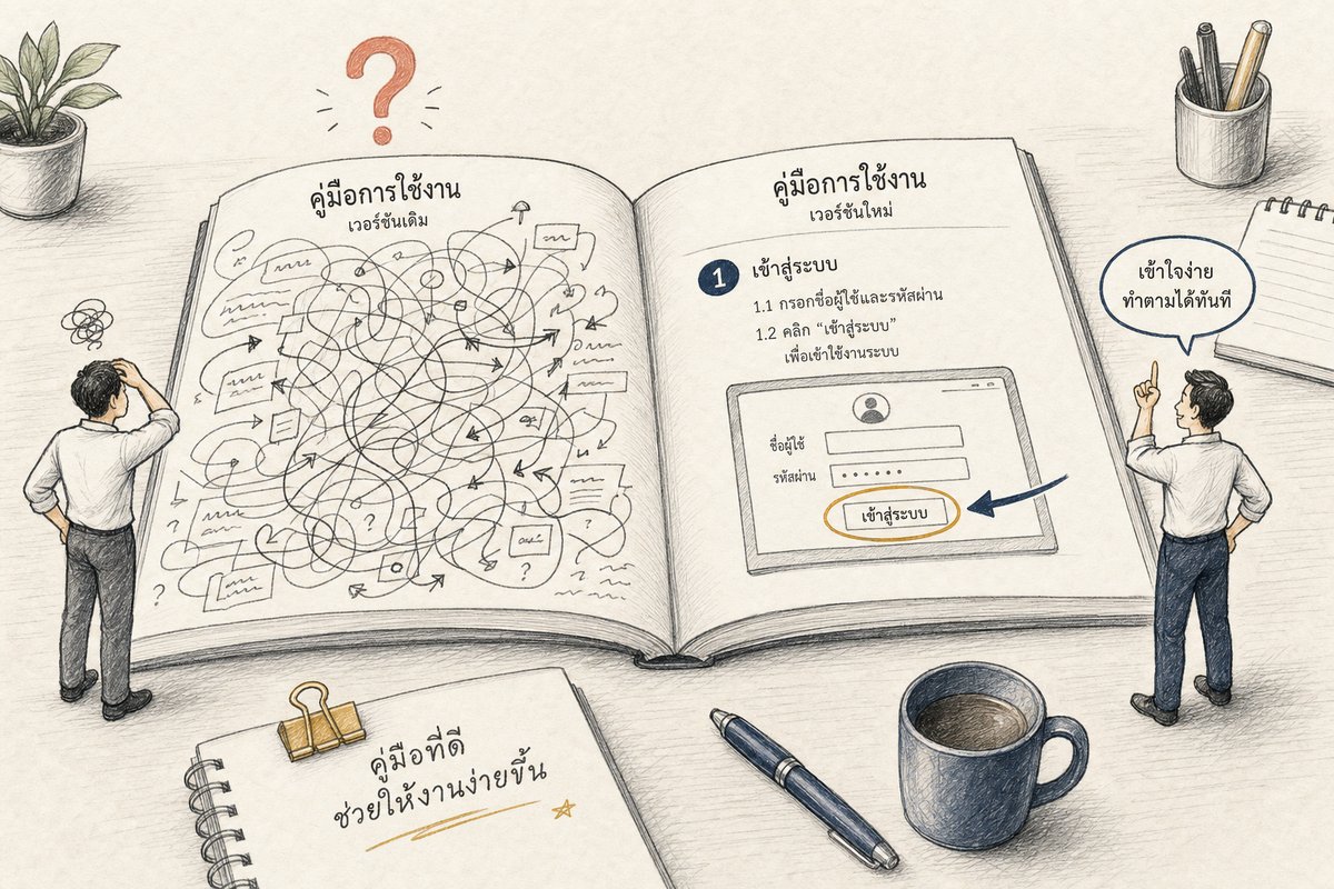 ภาพเปรียบเทียบคู่มือระบบ IT ที่แปลทับศัพท์จนอ่านไม่รู้เรื่อง กับคู่มือที่รับแปลคู่มือโดยเข้าใจผู้ใช้จนพนักงานทำตามได้ทันที