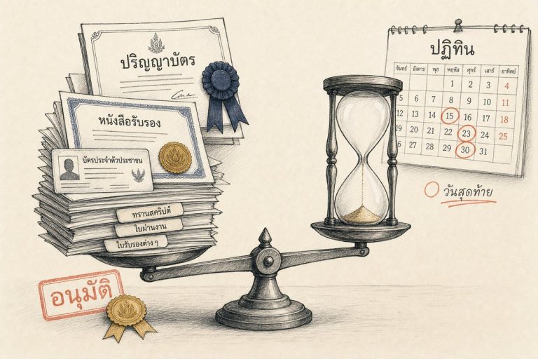 ภาพประกอบการรับแปลเอกสารราชการ ใบสำคัญและหนังสือรับรองบนตาชั่งเทียบกับนาฬิกาทรายที่ใกล้หมดเวลา